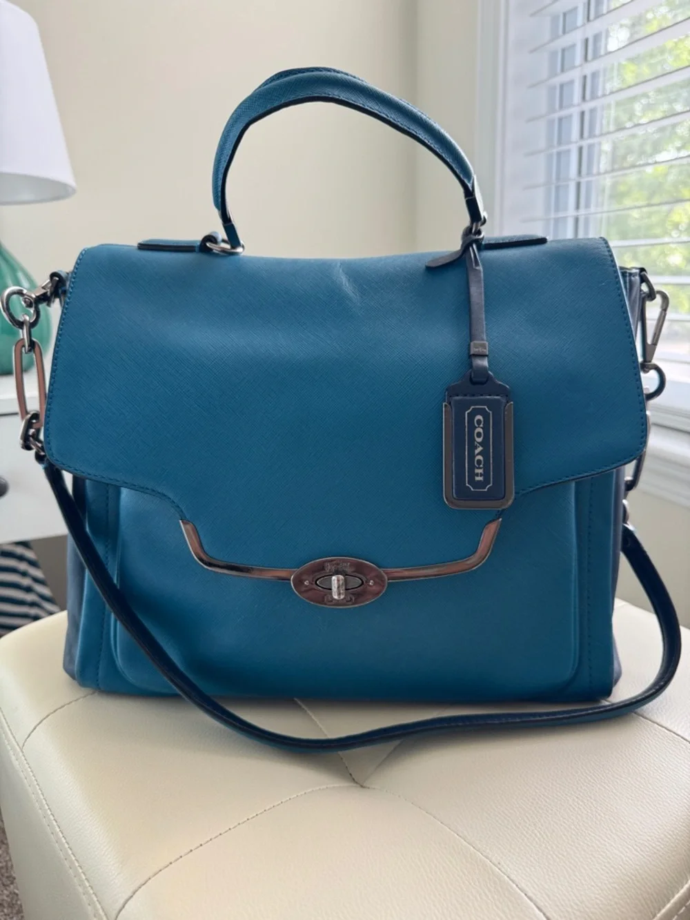 Coach Sadie Teal Leather Top-Handle Satchel with Strap - Picture 1 of 15